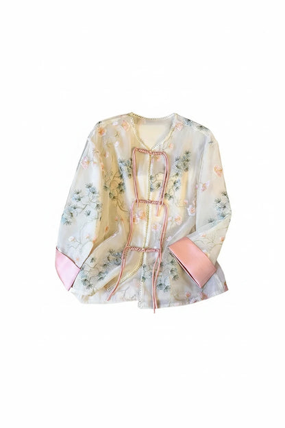 🍒Shirt jacket for women Light outer for women chinese style jacket chiffon embroidery Jacquard tie light cover up sunscreen cardigan Summer beach coverup for occasion and casual coverup See Through The Day