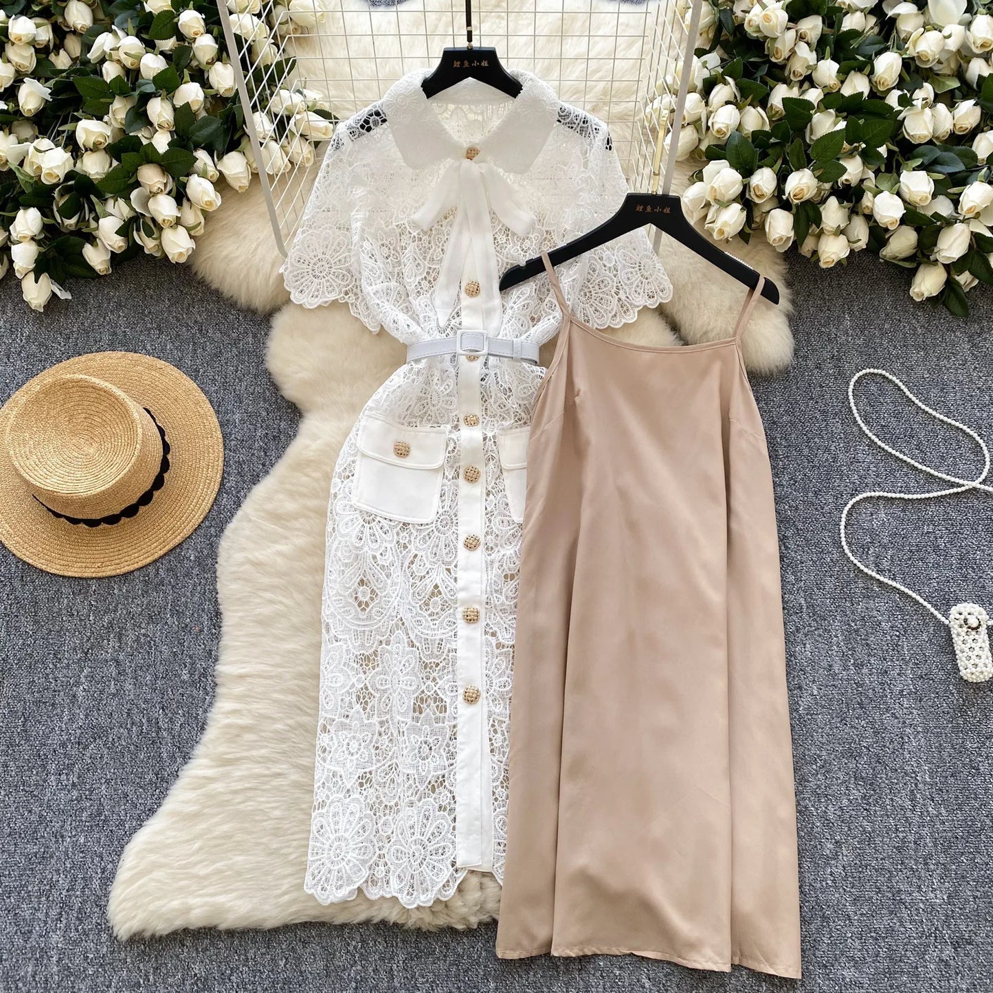 🍒Wit lang kantrok vir vroue kortmou omvou-kraag elegante geleentheidspartytjie troue onthaal uitrusting hoë middellyf Y2k mode Lacey Bow Hou hiervan so sal jy!