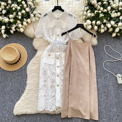 🍒Wit lang kantrok vir vroue kortmou omvou-kraag elegante geleentheidspartytjie troue onthaal uitrusting hoë middellyf Y2k mode Lacey Bow Hou hiervan so sal jy!