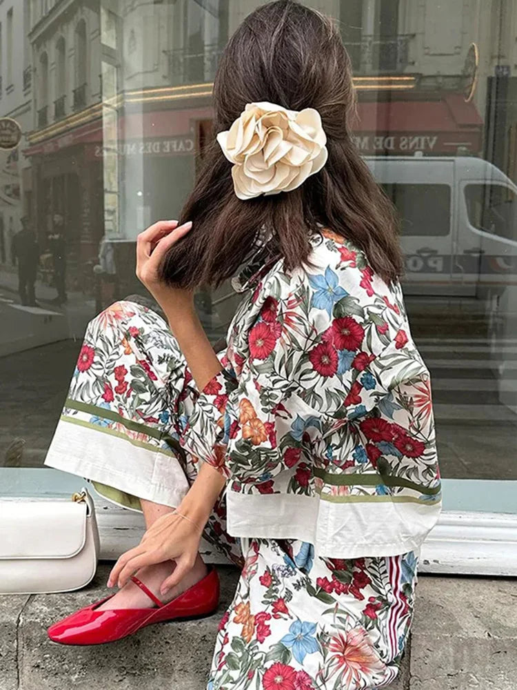 🍒Smart casual trouser sets bohemian style long sleeve crop top jacket short shirt for women and high waisted wide leg pants