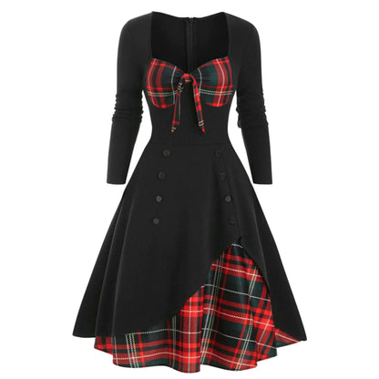 🍒chequered patchwork dress plaid long sleeve a-line midi wrapped Knot Irregular outfit high waist vintage style button down smart casual wear women Check Mate