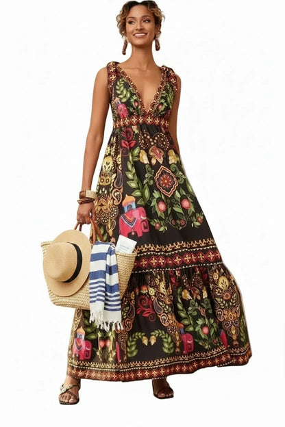 🍒Print moulose uitrusting swaairok v-nek vroue maxi hoë middellyf mode vakansies somerdrag stranddrag Shore Thang