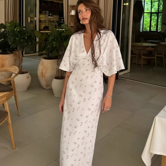 🍒White floral satin maxi dress for women casual or occasion wedding guest beach vacation outfit flower printed v-neck dress womens fashion slim fit waist short butterfly sleeve long summer wear with short sleeves high waist cute comfy casu-casion