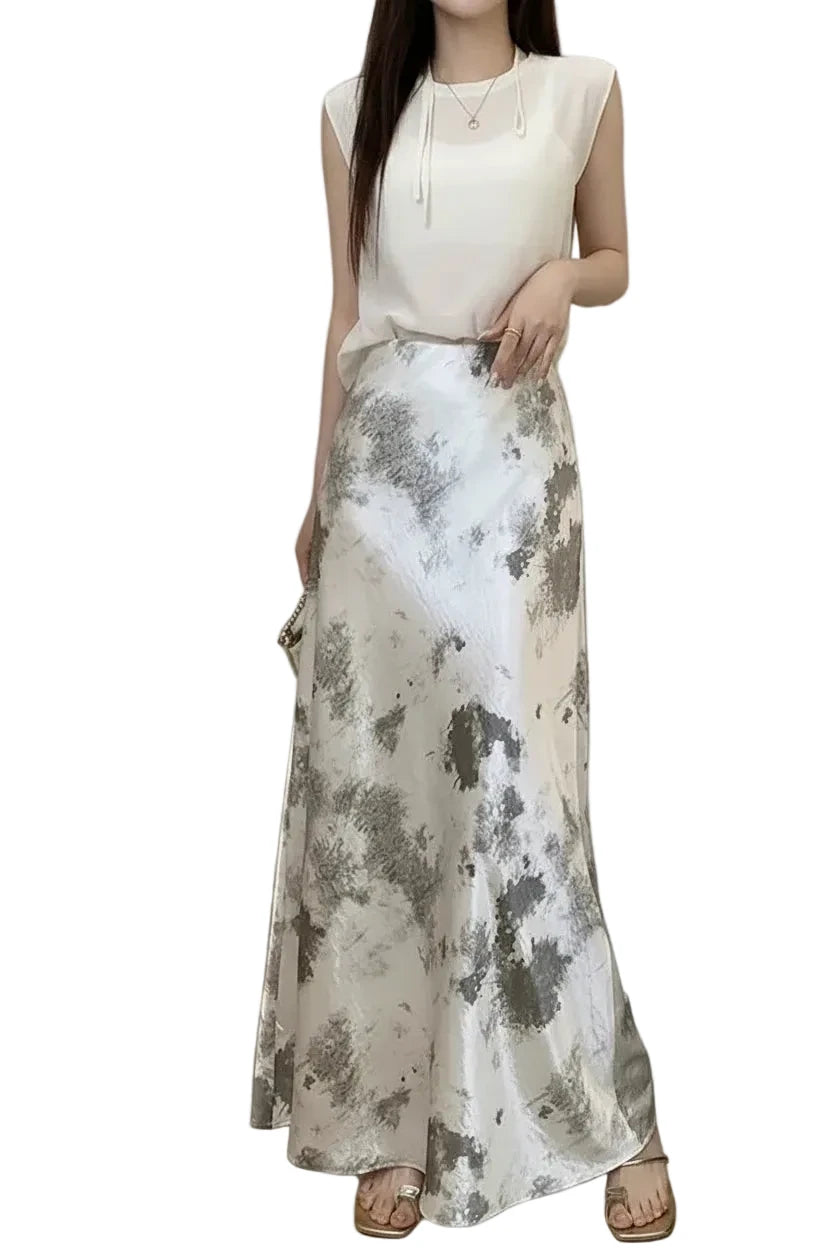 🍒Elastic satin skirt with high waist slimming mid-length floral print high-end feel fish tail skirt shiny for women Slip On A Silky Slippy