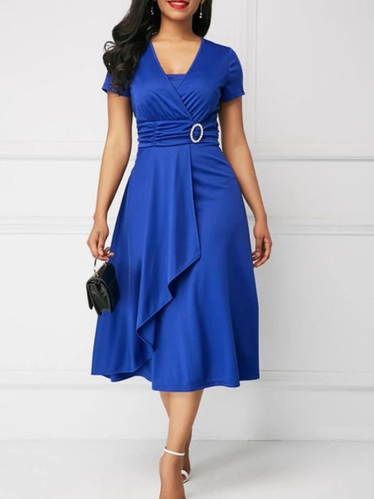 🍒Summer dress solid high waist colour short sleeve outfit v-neck fashion with Asymmetric hem midi party wear evening occasion wear  Juicy Jewels