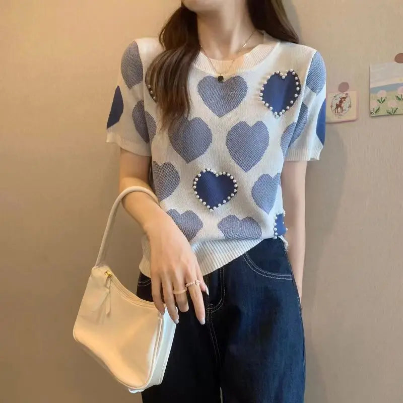 🍒Tweedelige stelpak elegante gebreide t-hemp met liefdeshartjie-top vir vroue en gemaklike wyebeenbroekstelle elegante gemaklike klere huisdrag klere Hou van Hierdie Stel