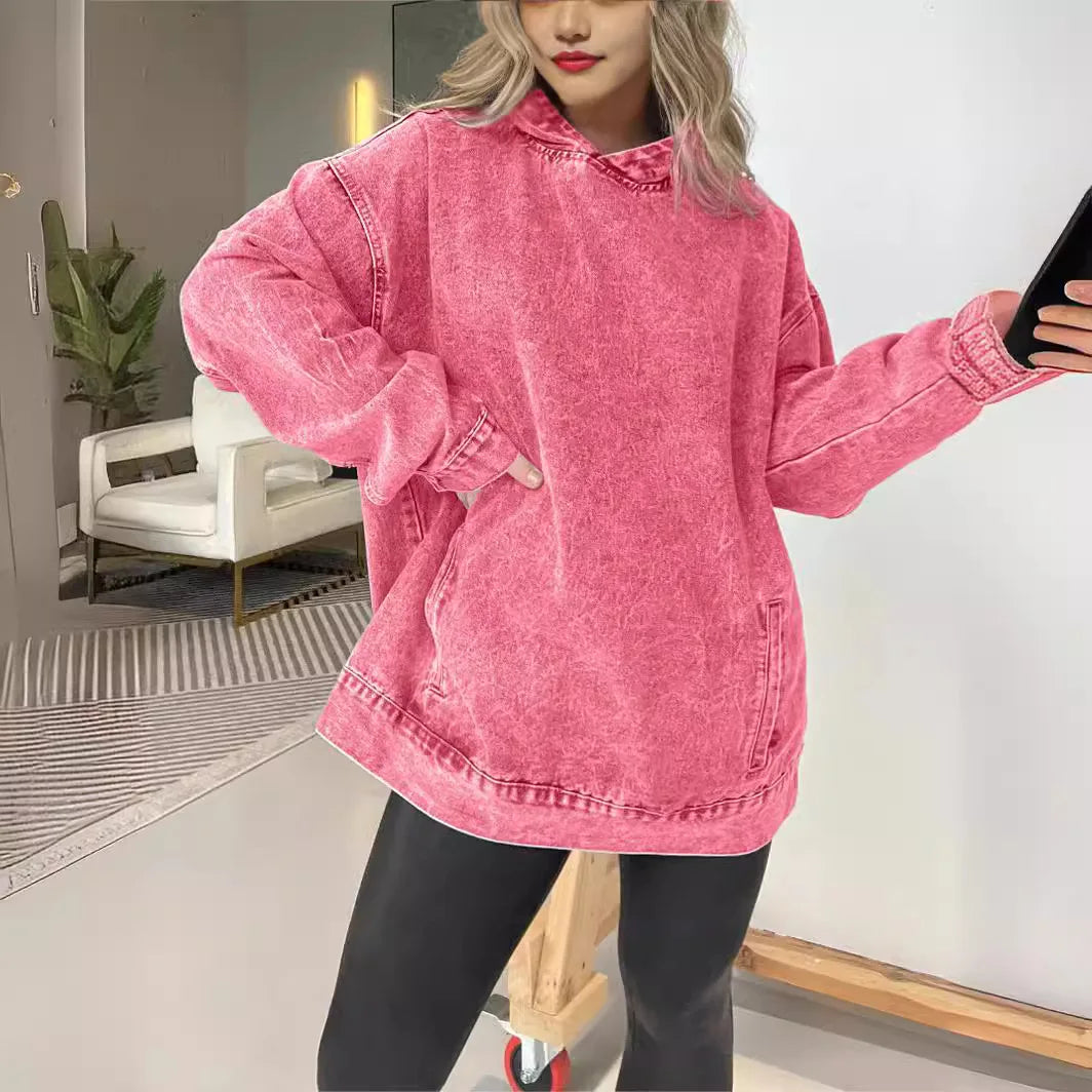 🍒Denim hoodie jeans-trui vir vroue met kap Y2k estetiese verweerde top gewas los buitekleed gemaklike klere