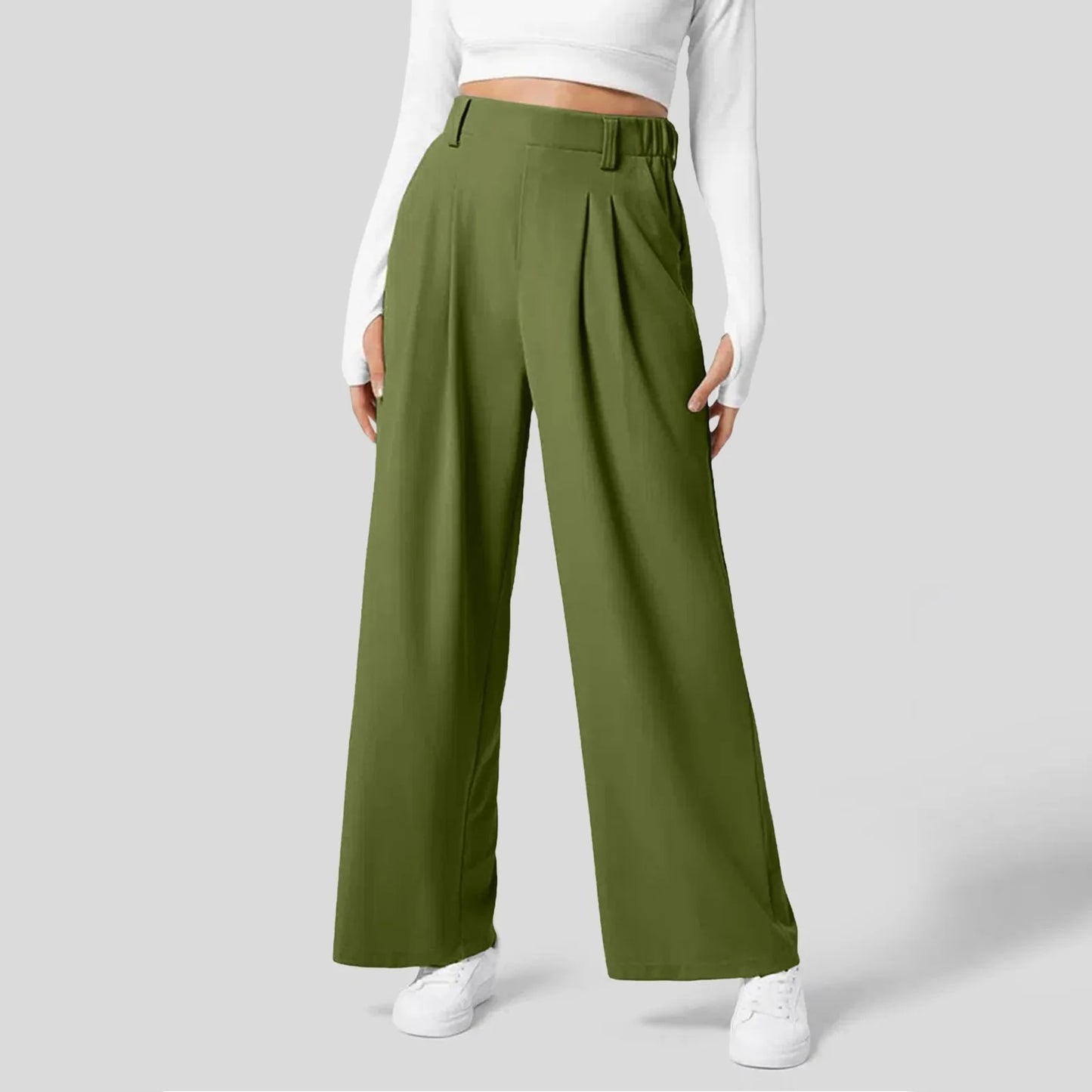 🍒Straight fit high rise trousers  fashionable smart casual women loose solid colour wide leg  pants Solid Slick Staples