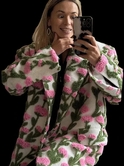🍒Flower fleece jacket woman loose lapel long sleeve coat single breasted casual coat unique 3D floral outerwear clothing  Floral Fashion Fun Fleece