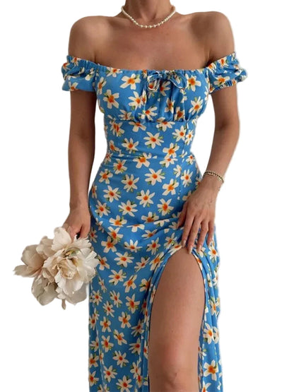 🍒Floral print party dress elegant women off shoulderless backless outfit summer slit boho midi smart casual ladies clothing Figure Out Your Floral Fashion