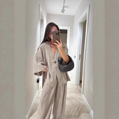 🍒Informele broekpak vir vroue, elegante langmou-uitrusting, enkelkleur wyebeenbroek en baadjie-stel, lente somer mode los tweestuk-partytjie-pajamas