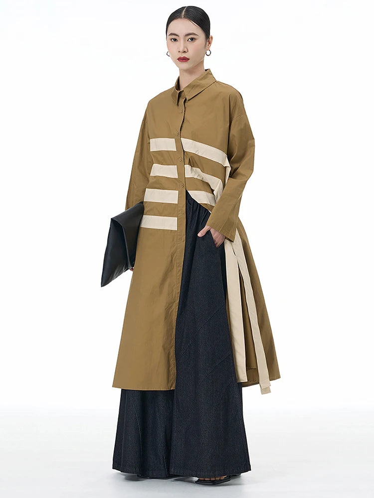 🍒black striped shirt dress women ribbon colour-block big size coat dress a-line with long sleeve and turn down collar fashion smart casual outwear Get A ZEBRA aCROSS a shirt dress cool thING