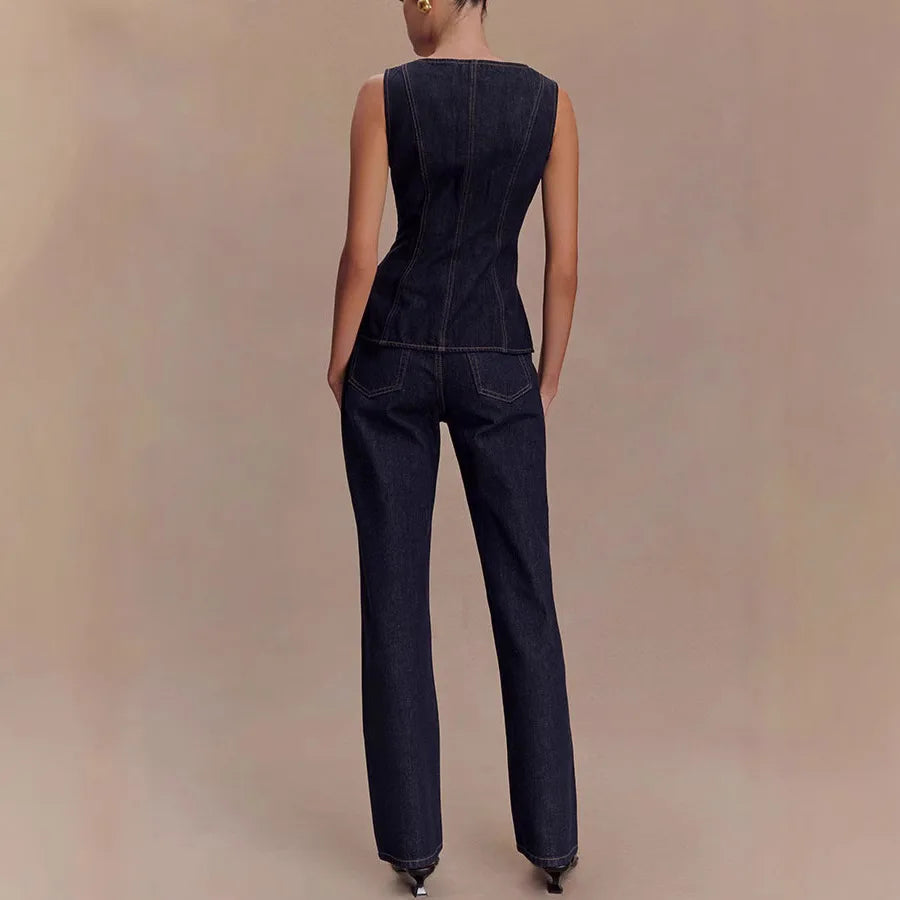 🍒Tweestukstelle vir vroue stukstelle ma-jeans moulose denimtoppies en jeansstel langbroeke hoë middellyf Y2k-styl mode elegante werksklere alles wat pas Kry hierdie enkelbors dubbele denim en jy sal trippel opgewonde wees