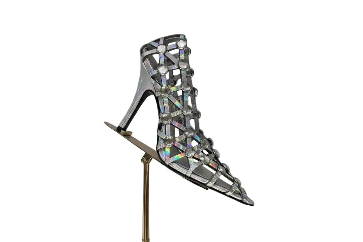 🍒crystal sandal shoe breathable hollow crystal gem cross design high heels fashion pointed toe pumps for women slip on stiletto party occasion shoes 'Casion Crystal Cross Cool