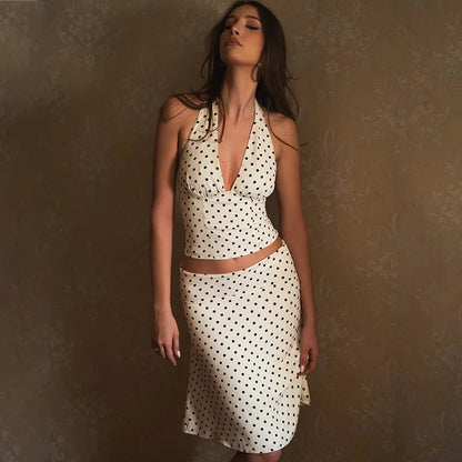 🍒Polka dot halter kneck top and  high waist skirt two-piece set smart casual woman fashion  sleeveless slim long a -line outfits  Spots For Your Favorite Spots