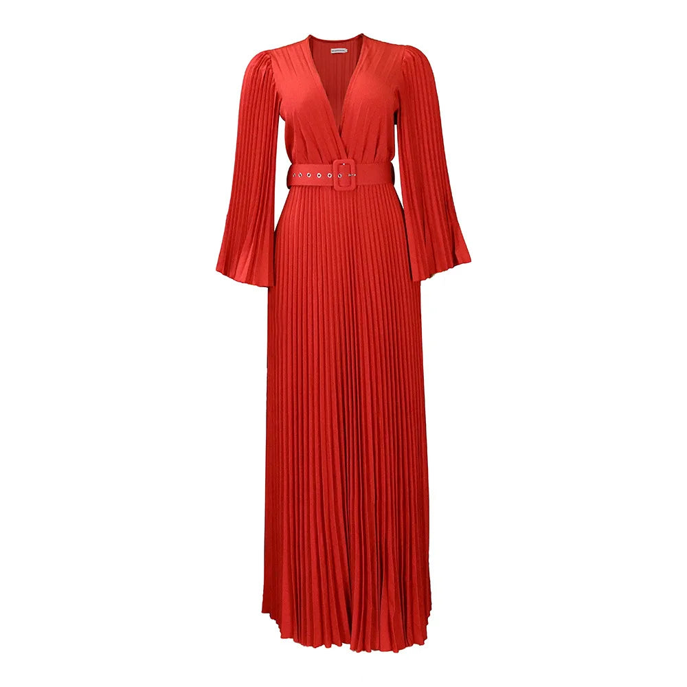 🍒 Aandete partytjie rok V-nek ontwerp geplooide vroue mode drag elegante maxi uitrusting met gordel langmou mode geleentheid drag partytjie drag Heeltemal Uitgeplooide Affêre