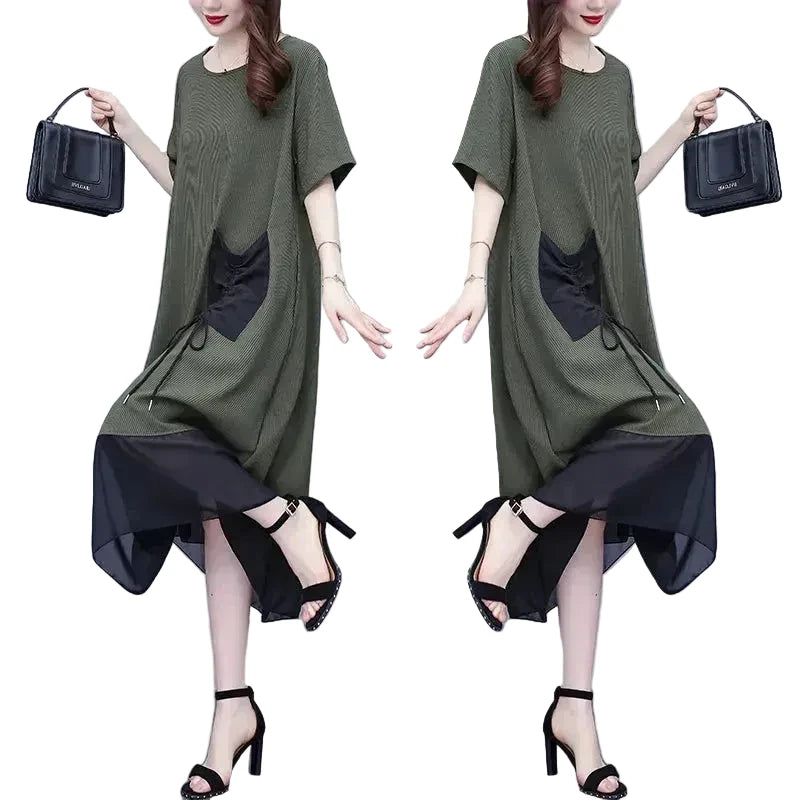 🍒Loose large size dress black summer femme elegant mixed media fashion oversized outfit smart casual clothing women Pocket This