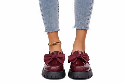 🍒Bow shoes for women's smart casual platform loafers fashion wine red patent leather footwear comfort slip on flat pumps plus size available Bob Along Bows