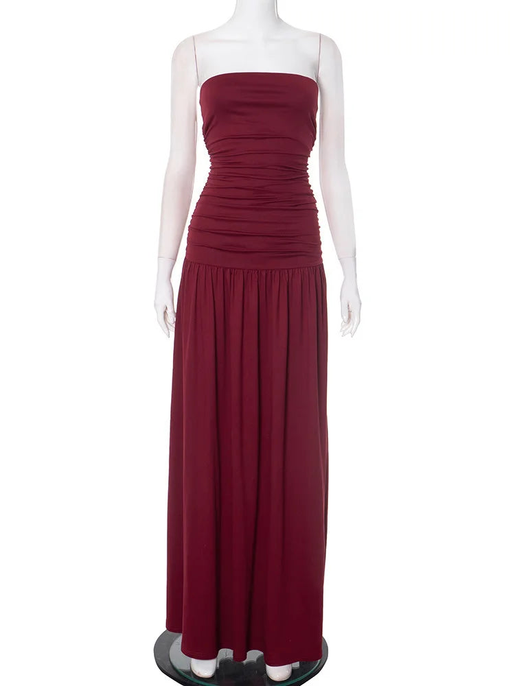 🍒Ruglose bandeau plooirok maxi rok vrouemode ruglose moulose hoë middellyf gerimpelde lang rok elegante Wyn En Dine In Wyn
