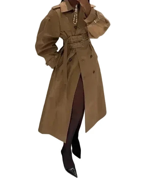 🍒Hooded trench coat women casual puff sleeve outerwear. double breasted belted cropped Jacket khaki fashion clothing                               2.long trench version  Travel Along Cool Double Belt