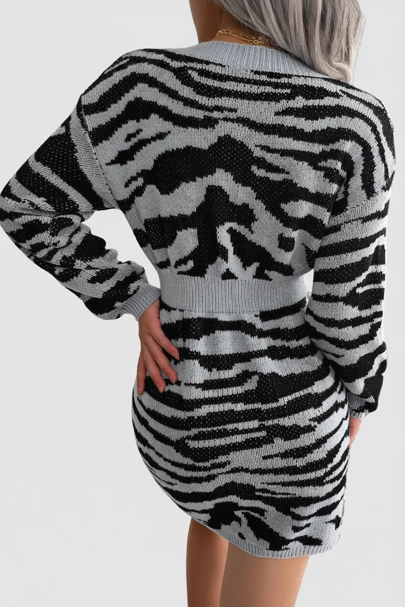 🍒Casual knit dress print design v- neck mini outfits long sleeve bodycon knitwear spring summery casual wear for women LILLY up your wardrobe with a TIGER
