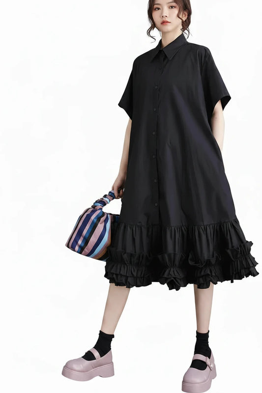 🍒Short sleeve oversized dress black cotton outfits for women casual summer wear loose long shirt dress smart casual clothing Short On Ruffles...Get This Short Ruffle