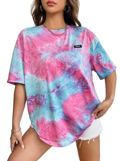 🍒Somer dames t-hemp tie-dye letterpatroon laatskouer top oorgroot kortmou t-stuk Harajuku Y2k Informele Straatklere Damesklere Strop Hierdie Stropdas-Tee Goed In Jou Tops