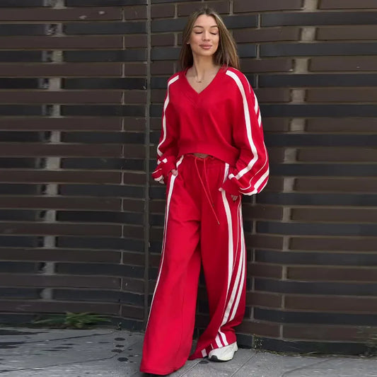 🍒Vroue tweestukbroekstelle streeptrui los V-nektop en wye streeppypbroek sportiewe kortboordrag somer herfs wye pypbroek met trekkoordmiddellyf Sport 'n vrolike Cherri