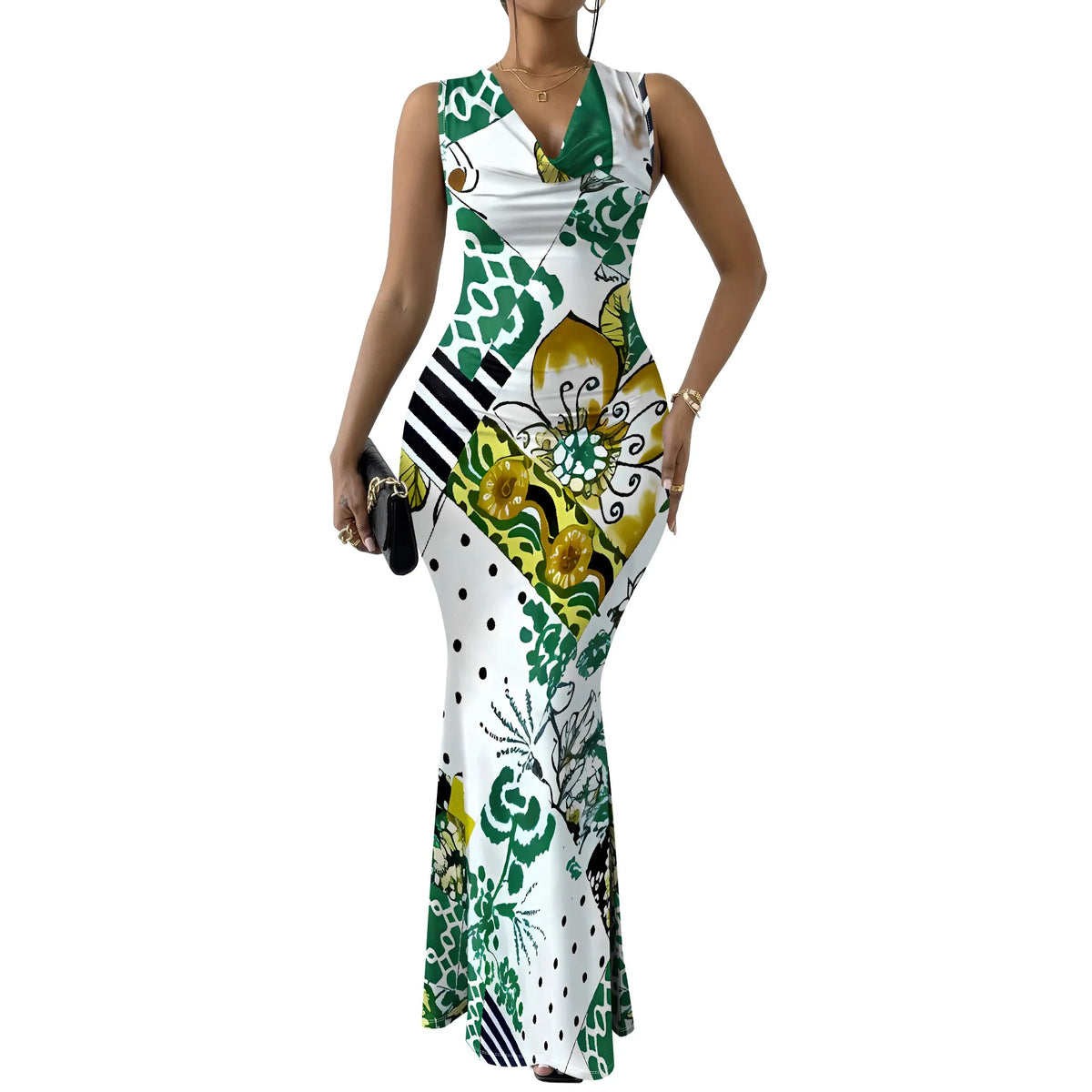 🍒Foral placement dress swing neck outfit womens smart casual clothing colourful floral fashion outfit sleevless geometric party wear evening wear resort wear