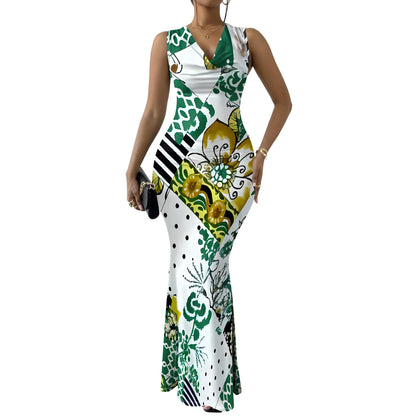 🍒Foral placement dress swing neck outfit womens smart casual clothing colourful floral fashion outfit sleevless geometric party wear evening wear resort wear