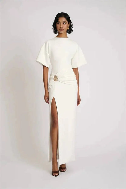 🍒Short sleeve maxi dress  ruched outfit brown women side split occasion dress with belt metal fashion o-neck club party wear occasion white long dresses Paint The Town Red In Brown