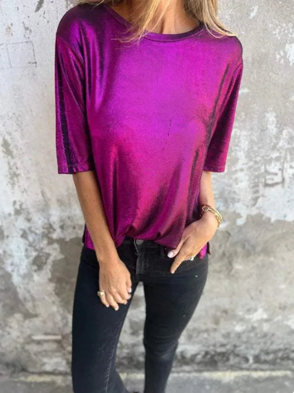 🍒Metaalagtige los top blink kortmou T-hemp dames spesiale geleentheid tops goud T-hemp o-nek mode slim gemaklike damesklere Top 'Talic Tee