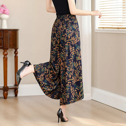 🍒Summer wide leg pants cropped smart casual women high quality loose bohemian skirt pants high waist vintage style trousers multi colour bottoms mid length trousers No Panting In These Summer Light Pants