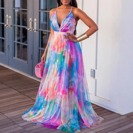 🍒Printed mesh maxi dress sleeveless high street fashion outfit for women long maxi frocks occasion partywear Cool Out In A Pool