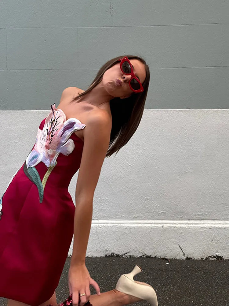 🍒Strapless flower print dress a-line high waist female floral fashion outfit occasion women sleeveless backless mini Have A- Bunch Of fun