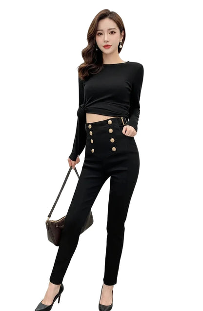 🍒 Women's pants high waist trousers button waist trousers for office elegant solid colour leggings skinny pencil pants  business casual women occasion wear fashionable Waist Wowers
