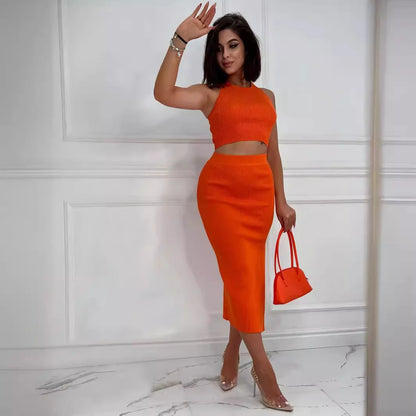 🍒Summer two-piece women's solid colour sleeveless vest top and slim skirt fashionable and elegant slim sleeveless crop top and slit skirt outfit set