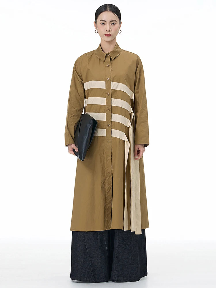 🍒black striped shirt dress women ribbon colour-block big size coat dress a-line with long sleeve and turn down collar fashion smart casual outwear Get A ZEBRA aCROSS a shirt dress cool thING
