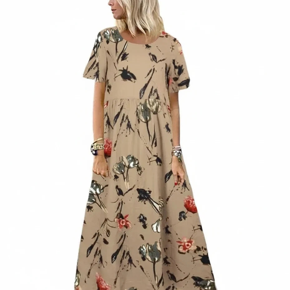 🍒Women's round neck short sleeve dress loose waist linen A-Linen out fit maxi length casual summer wear floral fashion Flattering Floral