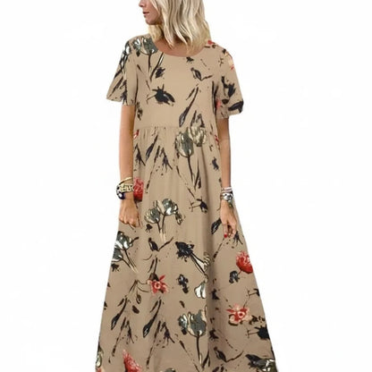 🍒Women's round neck short sleeve dress loose waist linen A-Linen out fit maxi length casual summer wear floral fashion Flattering Floral