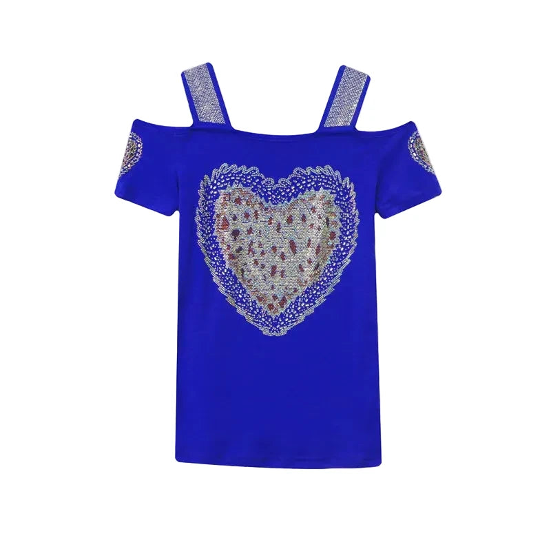 🍒Streetwear-sjiek Hartvormige top, diamant-t-hemp, moulose swart T-hemp vir vroue, somer kortmou gaas-tops.