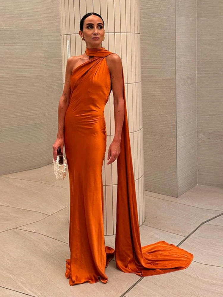 🍒Satin halter neck dress with scarf collar maxi dresses for women sleeveless backless long dress holiday wear evening party outfits Get Ready For A Trail Of Compliments
