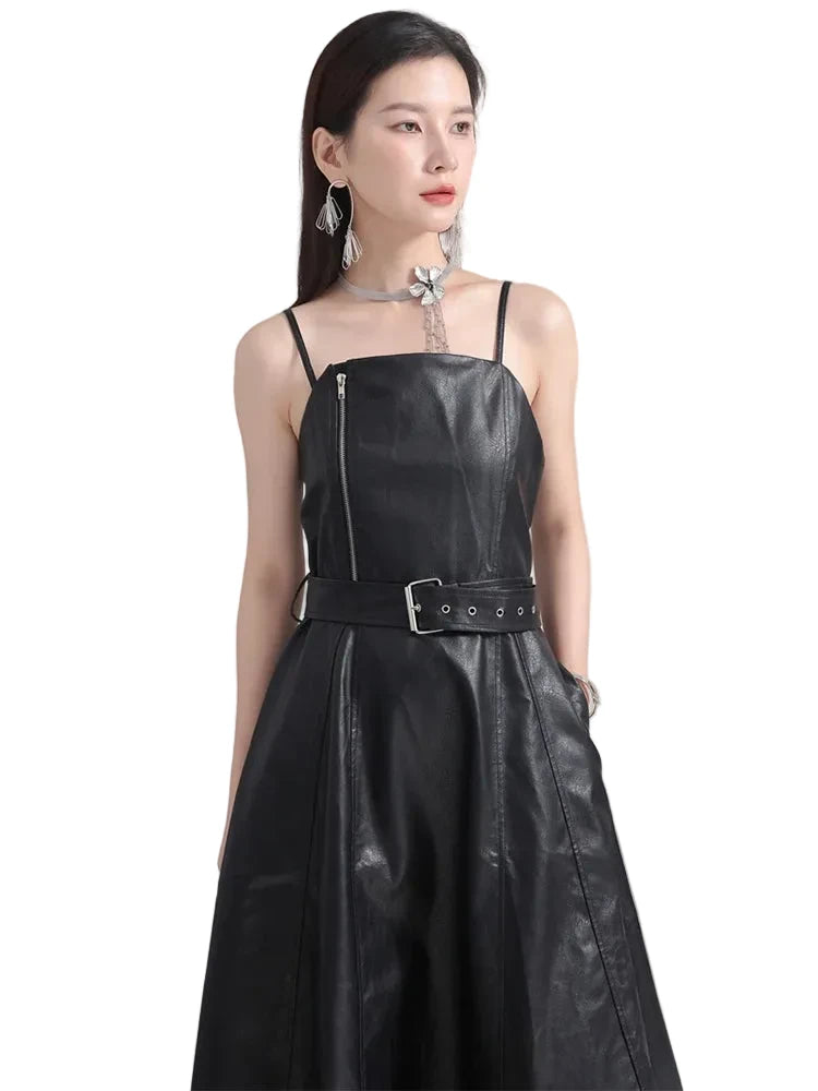🍒Black faux leather dress spaghetti strap pu outfit with zip front sleeveless belted midi a-line dress party occasion wear sleeveless wear for women Like A Biker