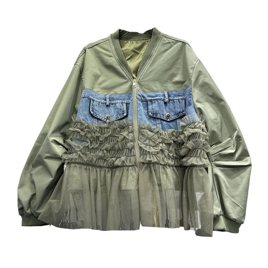 🍒Womens zipper cardigan Jackets v-neck loose fit casual outerwear long sleeve high street spring loose fit pockets and frills detail mixed media fashion clothing   You Will Be Frilled With This And Your Friends Will Be Green With Envy