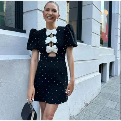 🍒Bow mini dress puff sleeve party wear outfit o-neck summer occasion wear fashion elegant clothing for women BIg Up BowBowBow!