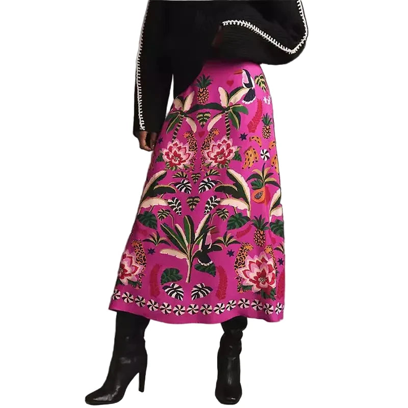 🍒Womens spring summer skirts floral midi vintage streetwear ladies elastic waist female fashion wear smart casual clothing Look Cool In Hot Pink