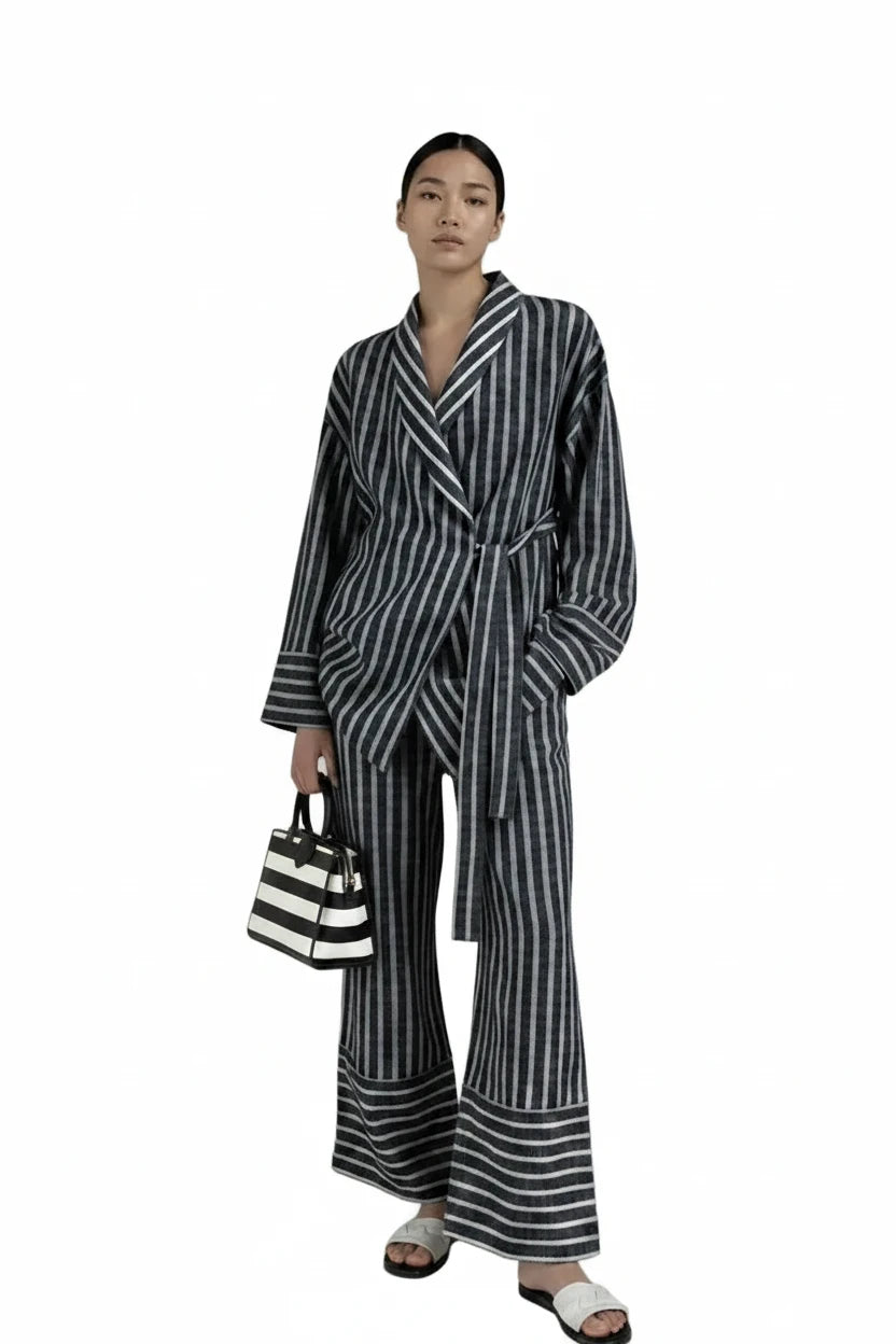 🍒Casual long sleeve suit for women striped set jacket loose/oversized and high-waisted trousers fashion smart casual two piece set Every Body Suits Stripes