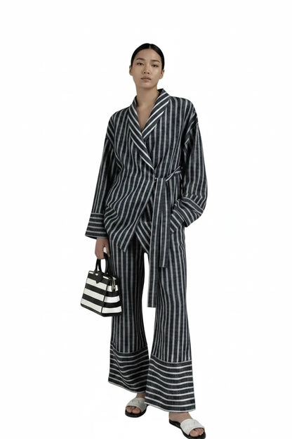 🍒Casual long sleeve suit for women striped set jacket loose/oversized and high-waisted trousers fashion smart casual two piece set Every Body Suits Stripes