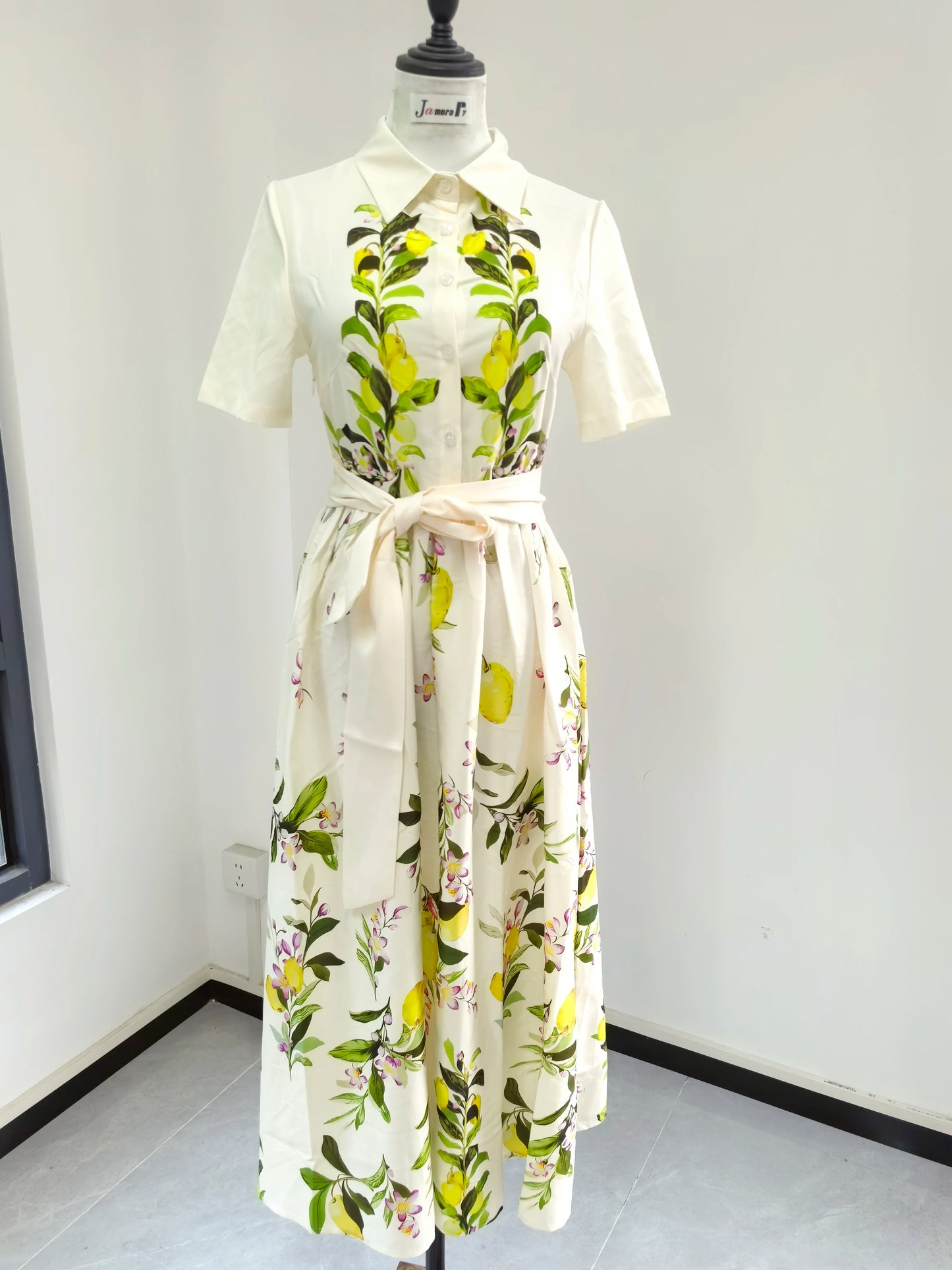 🍒Mode midi-rokhemp somer vroue boheemse kortmou blomme uitrusting suurlemoen-afdruk sonrok met gordel elegante lang rok slim gemaklike klere