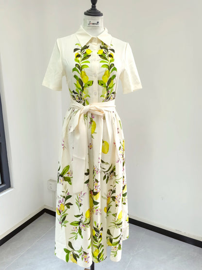 🍒Mode midi-rokhemp somer vroue boheemse kortmou blomme uitrusting suurlemoen-afdruk sonrok met gordel elegante lang rok slim gemaklike klere